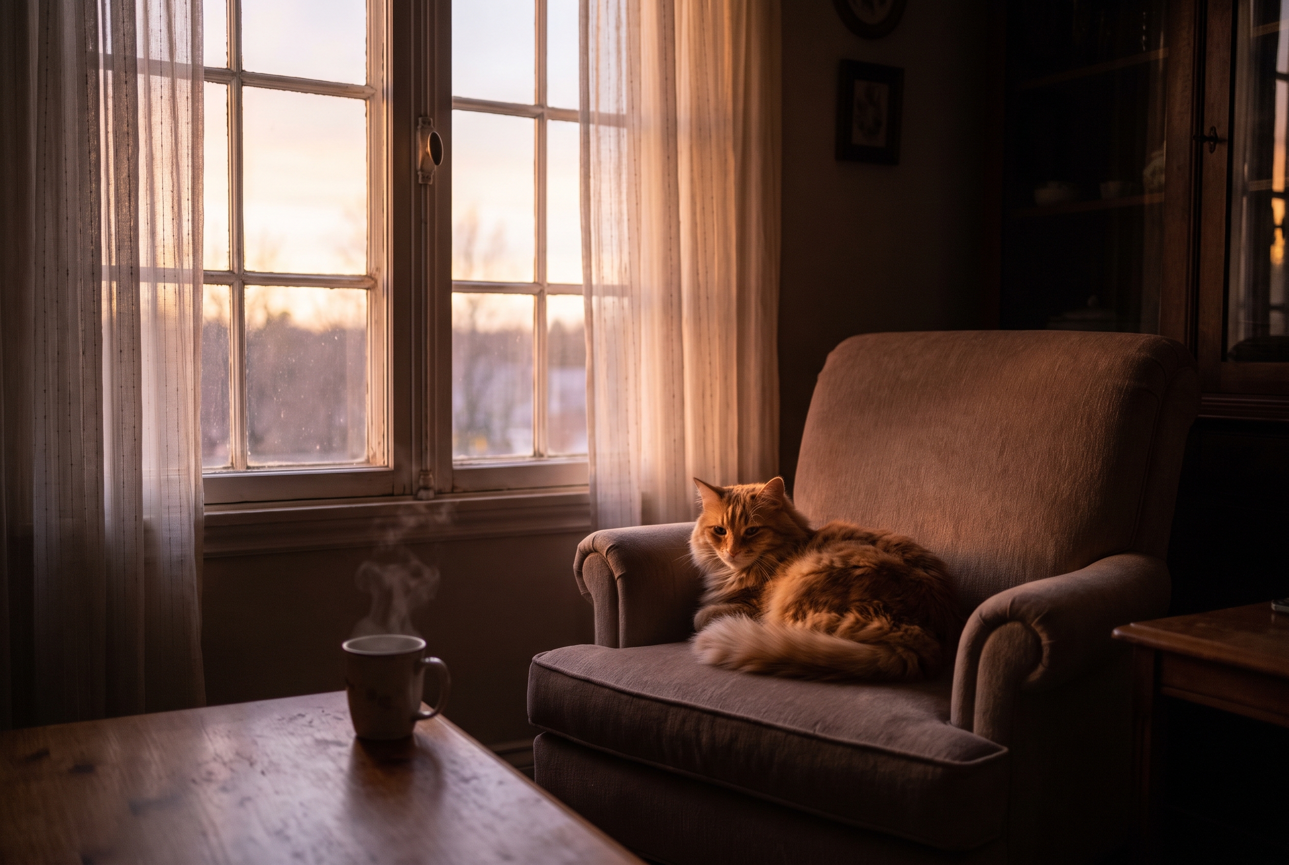 Chat photographié en intérieur dans une lumière douce près d'une fenêtre
