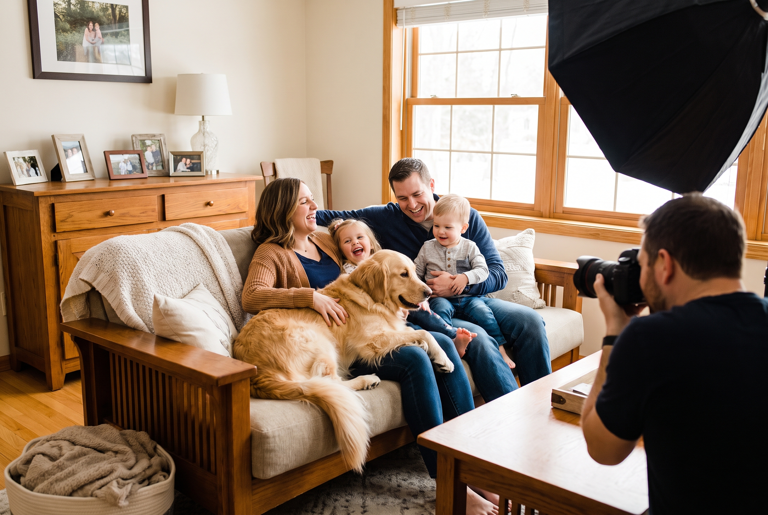 Famille avec leur chien lors d'une séance photo à domicile