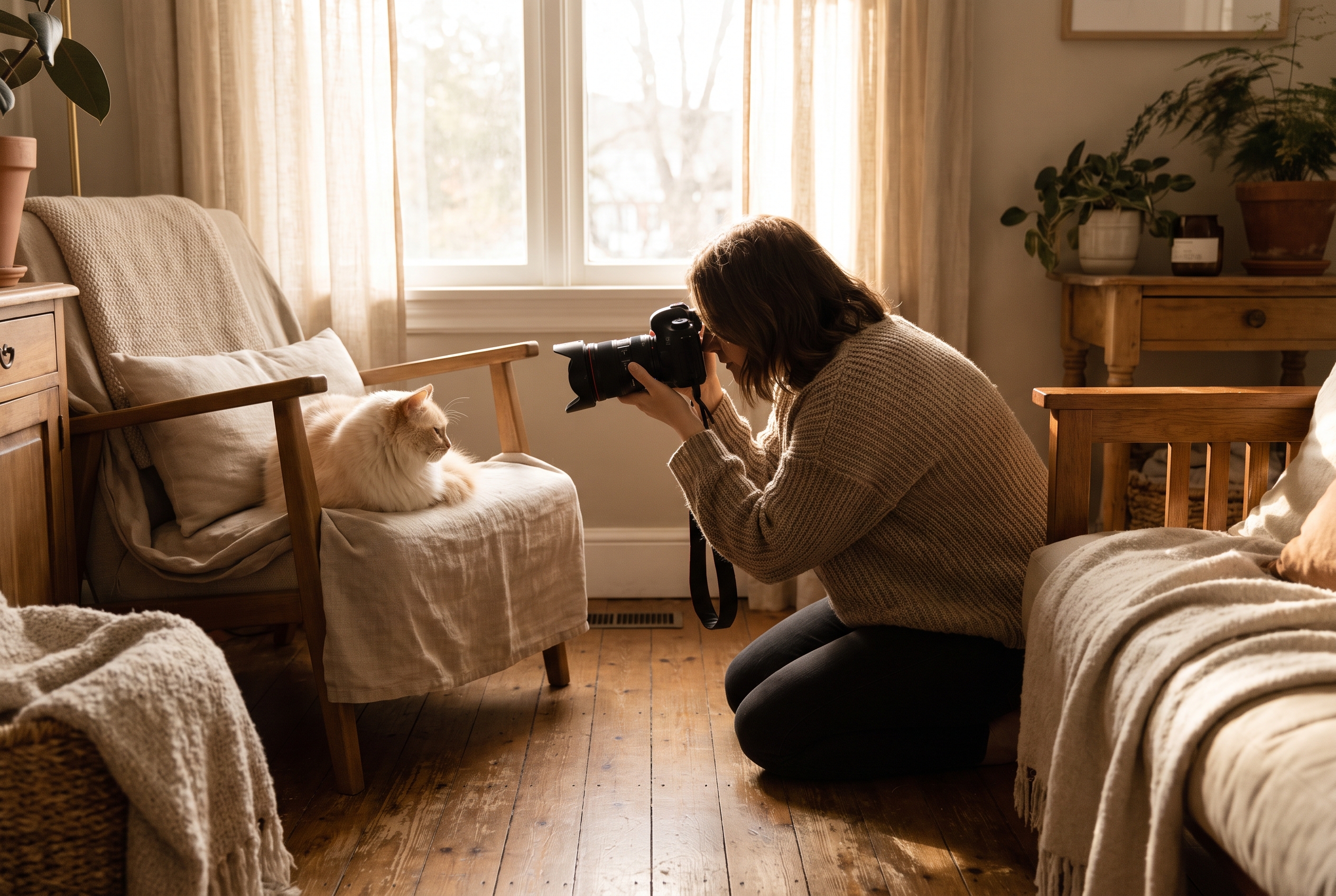 Personne tenant un appareil photo pour photographier un chat