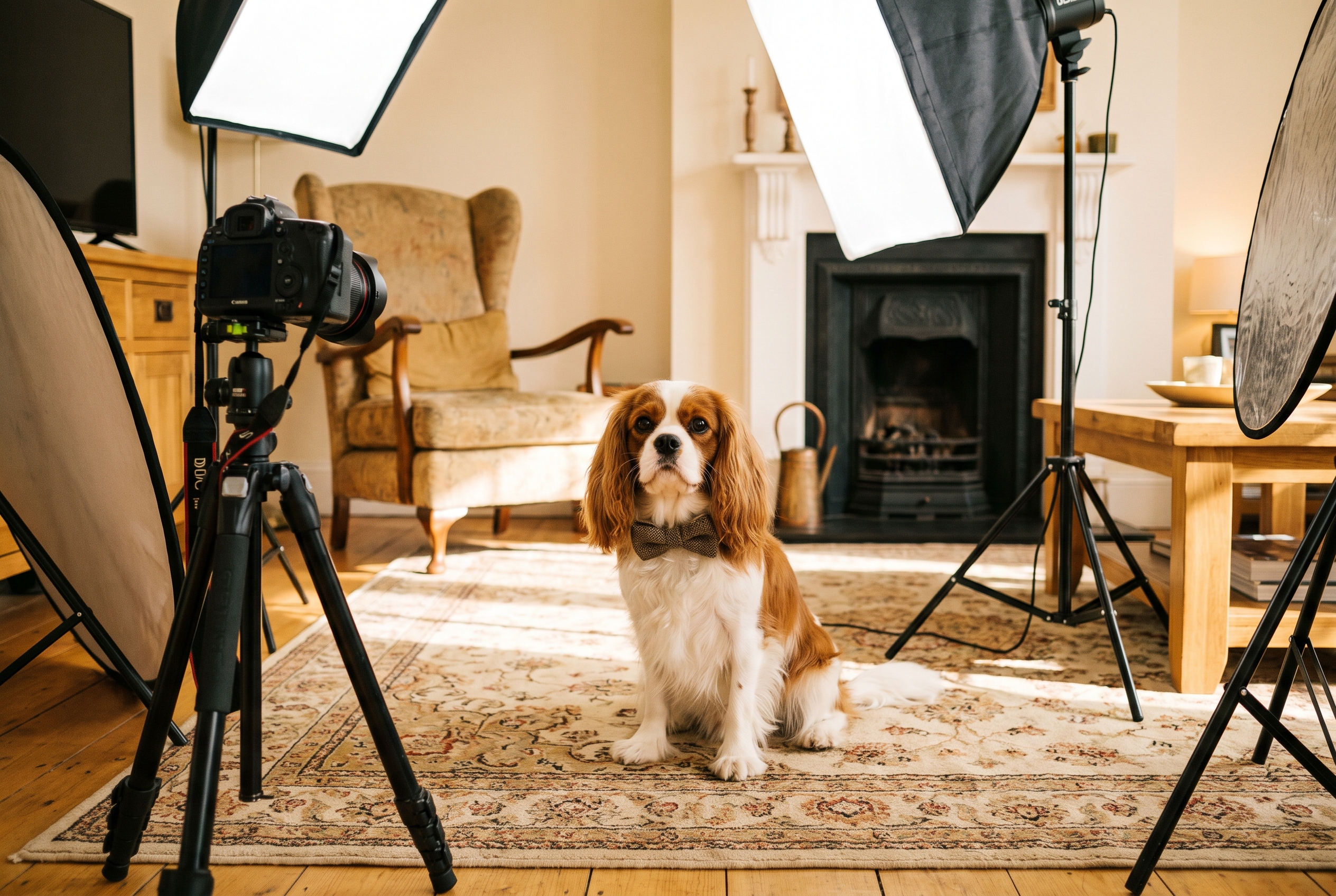 Chien bien préparé pour une séance photo à domicile