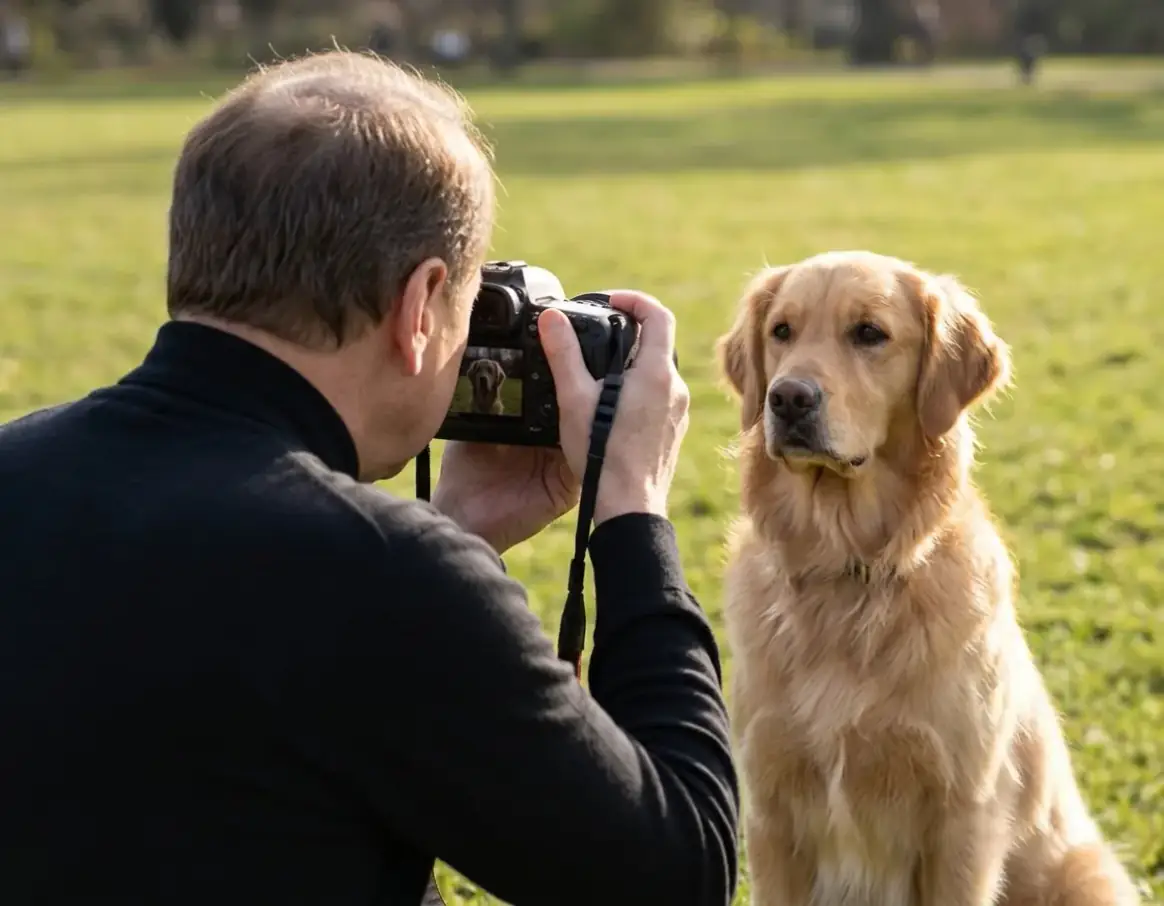 Photographe professionnel photographiant un golden retriever dans l'herbe